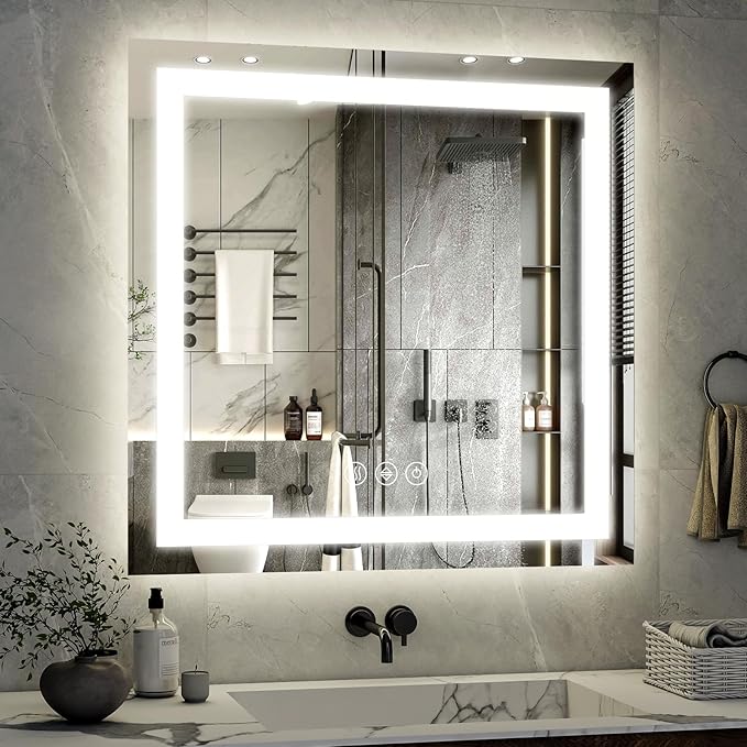 36x36 LED Bathroom Mirror, Backlit + Front Lit, LED Bathroom Mirror with Lights for Wall, 3 Colors, Anti-Fog, Dimmable Brightness, Memory Function, Tempered Glass