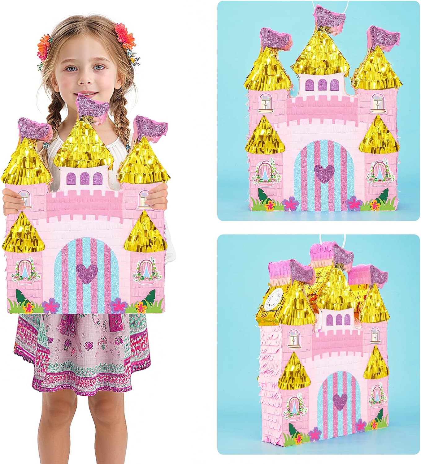 WERNNSAI Princess Castle Piñata - Princess Birthday Party Decorations Pink Princess Piñata with Blindfold and Bat for Birthday Girls Family Game Princess Theme Birthday Party Supplies 16.4” x 12.4”