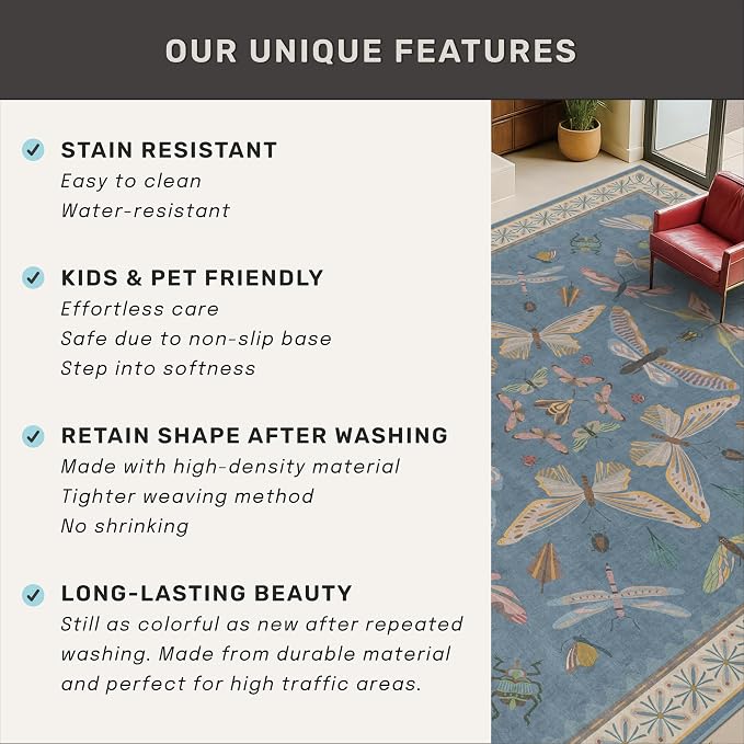 Blue 2x3 Kitchen Rugs Non Slip Washable, 0.25" Low Pile Stain & Fade Resistant - Image 7