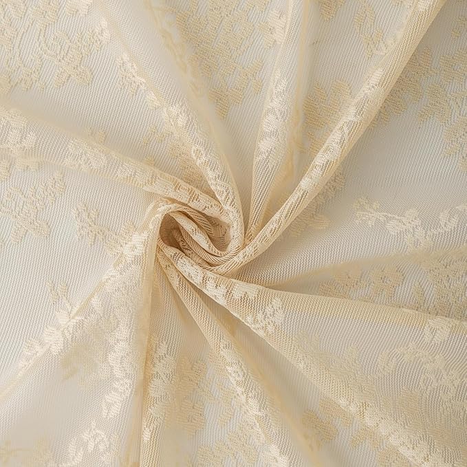 YJ YANJUN Vintage Lace Curtains 108 Inches Long-Victorian Floral Beige Sheer - Image 6