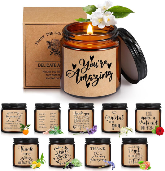 Roowest 10 Jars Thank You Gift Candles 3.5 oz Employee Appreciation Gifts Bulk Soy Wax Jar Inspirational Candle Thank You for Coworkers Employee Women Secretaries Teacher Volunteers(Classic)