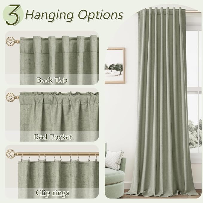 Sage Green 100% Blackout Linen Curtains 100 Inch Length 2 Panels Set - Image 6
