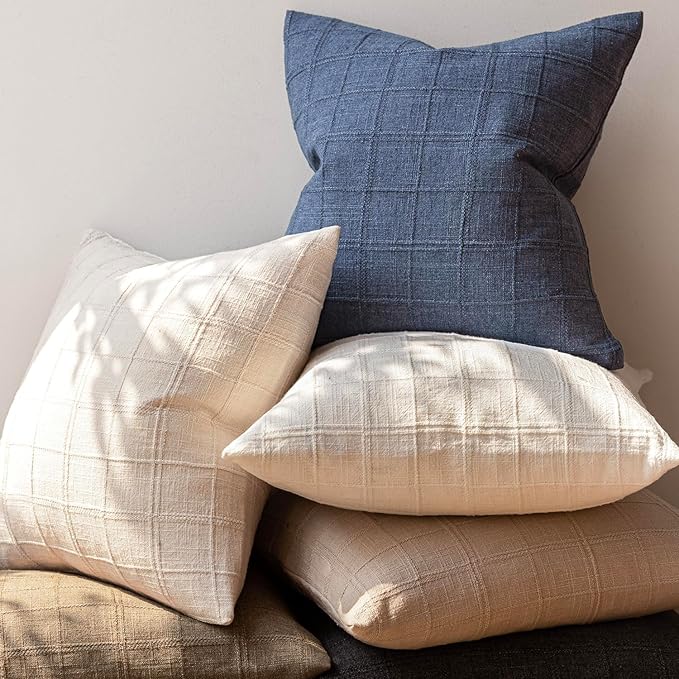 Foindtower Set of 2 Decorative Linen Check Throw Pillow Covers Neutral Farmhouse Lumbar Cushion Covers Modern Coastal Boho Home Decor for Sofa Chair Couch Bedroom Living Room Outdoor,12×20 Inch,Blue