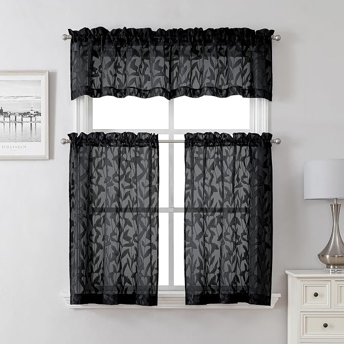 Lecloud Leia Black Sheer Kitchen Curtains 36 Inch Length 2 Panels, Jacquard - Image 8