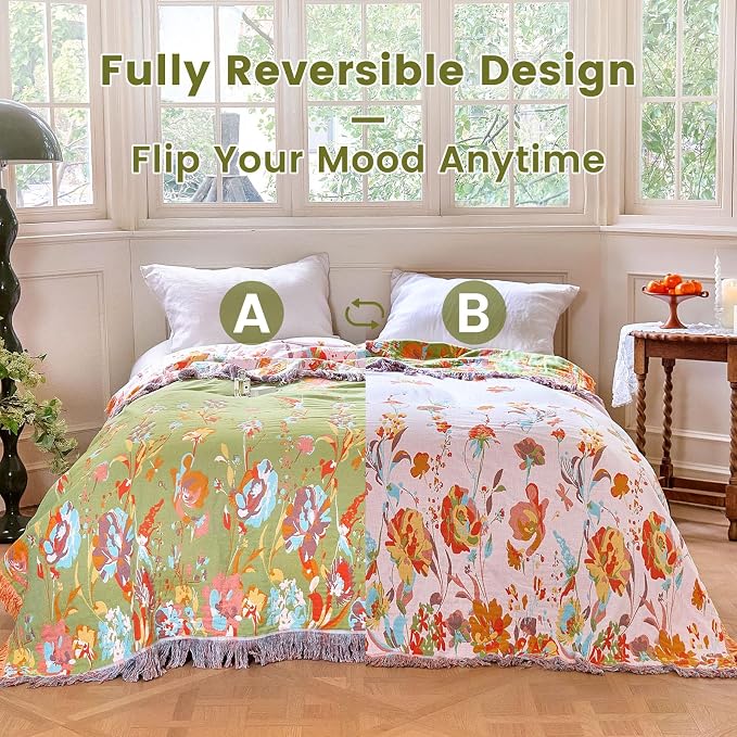 MSGKV Boho Throw Blanket 50"x60" Floral 100% Cotton Blanket - Image 4