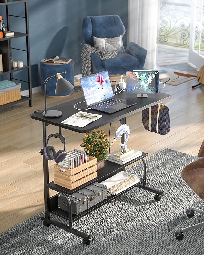 Armocity Height Adjustable Standing Desk with Power Outlets, 32" Manual Stand Up Desk with Storage Shelves Small Mobile Rolling Computer Desk Portable Laptop Table with Wheels for Home Office, Black