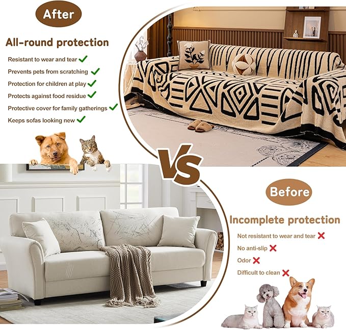 HANDONTIME Boho Sofa Covers for Dogs Black and White Sofa Covers for 3 Cushion Couch Sofa Beige Shu Velveteen Couch Covers for Sectional l Shaped Short Plush Furniture Covers, 71" X118"