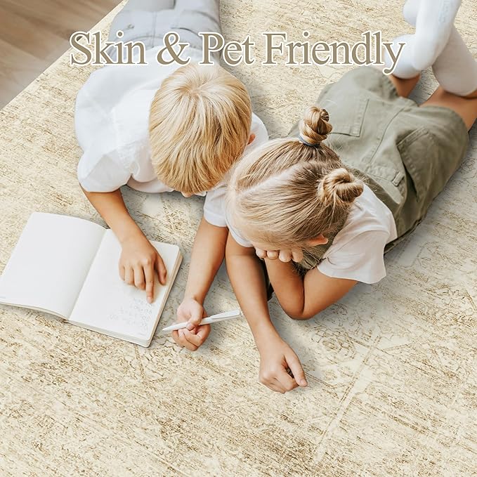 5x7 Area Rugs Beige Low Pile Indoor Washable Trendy Faded Style Floral Rugs - Image 4