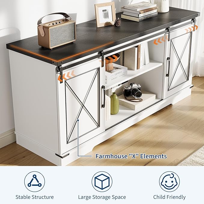 GAOMON Farmhouse 59" TV Stand Up to 65 Inches, Mid Century Modern TV Entertainment Center with Storage Cabinets & Open Shelves, Wood TV Cabinet for Living Room, White