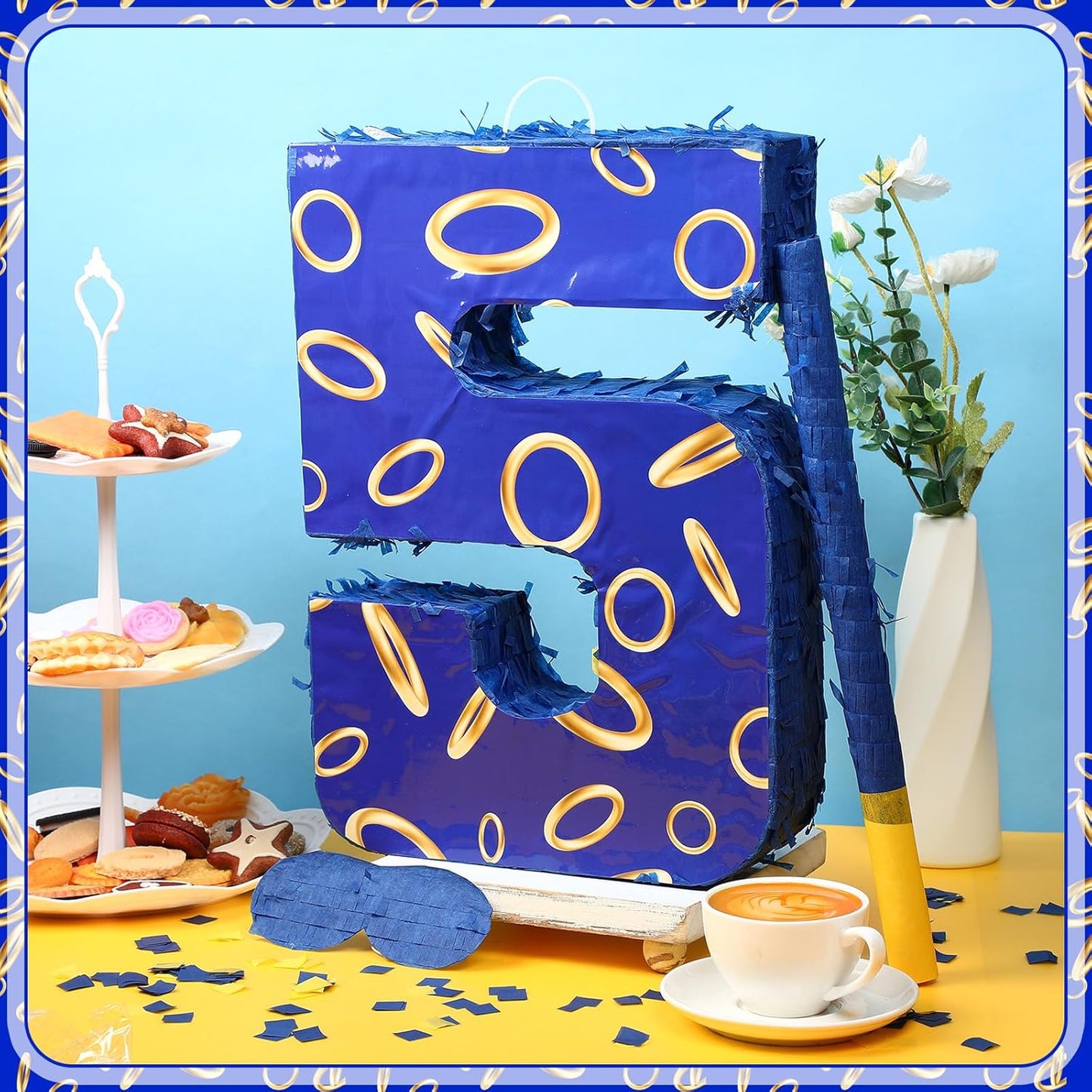 Number 5 Blue and Golden Rings Piñata for Kids Birthday Cartoon Theme Small Piñata with Blindfold Stick Confetti for Fiesta Cinco De Mayo Party Decor, 15.8 x 11 x 2.8 Inch