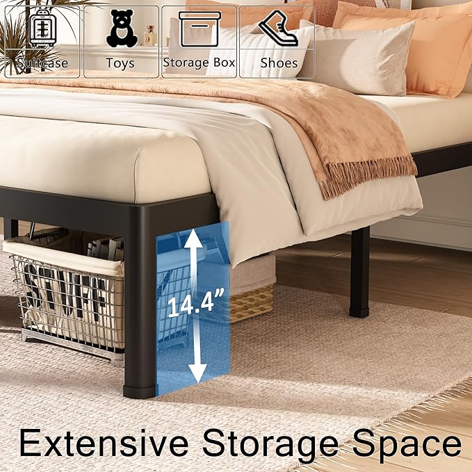 FUIOBYVV King Bed Frame with Round Corner Edge Legs 16 inch High 3500 lbs Heavy Duty Metal Platform Bed Frame King Size No Box Spring Needed/Noise Free/Steel Slat Support/Non-Slip Black