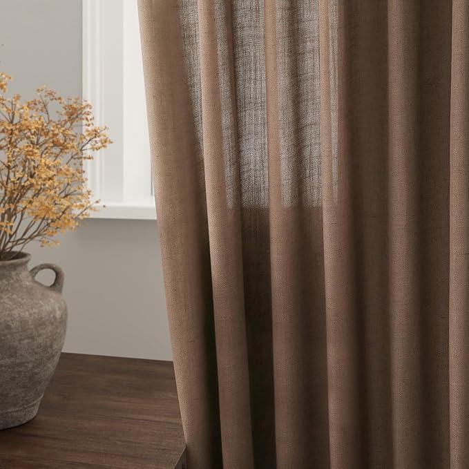 Caramel Brown Linen Curtains for Living Room 98 Inches Long Back Tab and Rod - Image 9