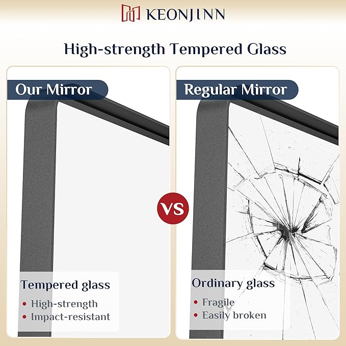 Keonjinn Black Bathroom Mirror for Over Sink, 42 x 36 Inch Large Rounded Rectangle Bathroom Vanity Mirror, Matte Black Farmhouse Wall Mirror, HD Tempered Glass, Seamless Aluminum Alloy Frame Mirror