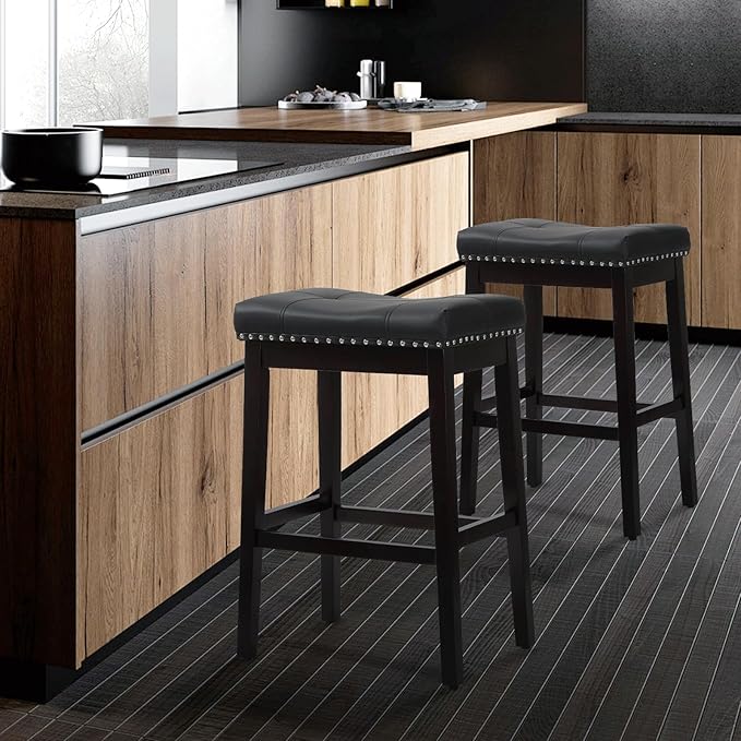 Athena Collection Counter Height Bar Stools Set of 2, 29.5 Inches Backless Saddle Bar Stools with Leather Upholstered and Nailhead Trim, Barstools for Counter, Kitchen Island, Dining Room, Black