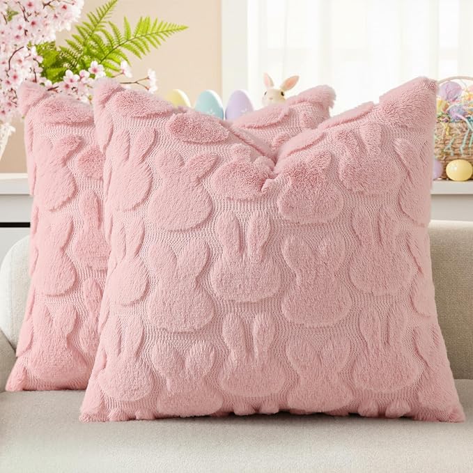 decorUhome Easter Bunny Pillow Covers 18x18 Inch Set of 2, Soft Plush Faux Wool by decorUhome