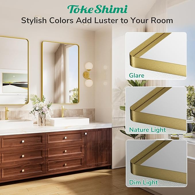 TokeShimi 24x36 Brushed Gold Bathroom Mirror,Wall Mirror for Bathroom with Tempered Glass,Gold Bathroom Vanity Mirror for Over Sink,Aluminum Framed Mirror(Horizontal/Vertical)