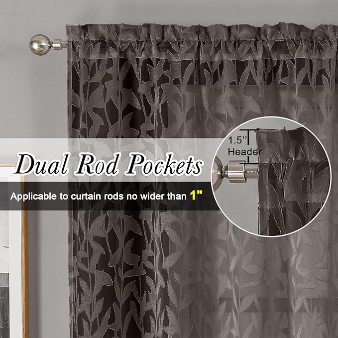Lecloud Leia Chocolate Brown Sheer Curtains 84 Inches Long 2 Panels, Jacquard - Image 2