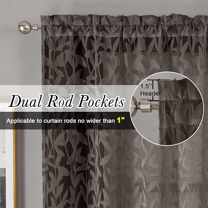 Lecloud Leia 2 PCS Chocolate Brown Sheer Kitchen Curtains 36 Inch Length - Image 2