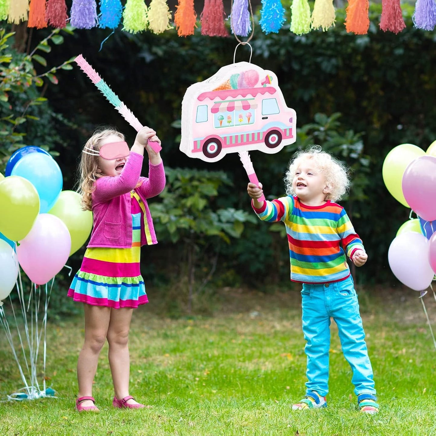 WERNNSAI Ice Cream Piñata -15.7'' x 12.2'' Ice Cream Truck Piñata with Stick and Blindfold Birthday Game for Kids Girls Summer Candy Theme Party Baby Shower School Activities Dessert Party Decorations