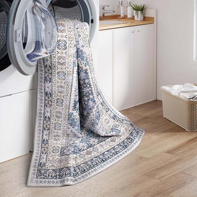 zesthome 5x7 Area Rugs - Ultra-Thin Washble Rug, Stain Resistant Anti Slip Backing Rugs for Living Room,Bedroom, Vintage Home Decor Area Rug (Blue/Beige,5'x7')