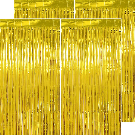Gold Streamers Graduation Decorations - Thicken 4 Pack 3.2 x 8.2 FT - Golden Tinsel Foil Fringe Backdrop Curtains Party Backdrop for Birthday, Prom, Hollywood, Anniversary Party Decorations