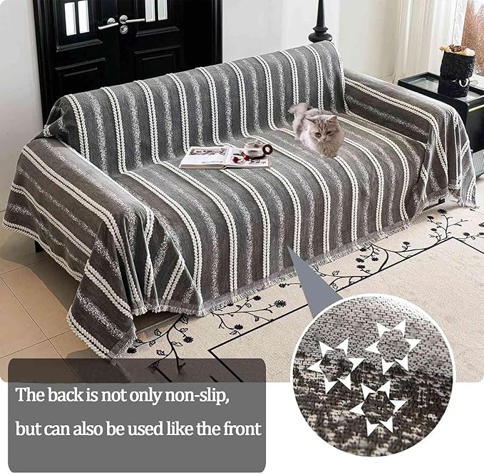 Couch Cover for Dogs Washable Sofa Cover, Sectional Couch Covers, Sofa Covers for 2 Cushion Couch, Non Slip Stripe Sofa Slipcovers Furniture Protector, Couch Protector from Cat Claws, Grey,75''x150''