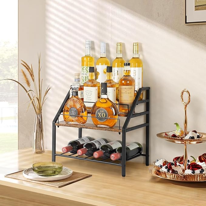 VINAEMO Wine Racks Countertop, 3-Tier Liquor Bottle Display Shelf, Coffee Syrup Organizer, Small Wine Rack, Wine Bottle Holder for Whiskey Bar, Retro Bar Shelves for Home Bar