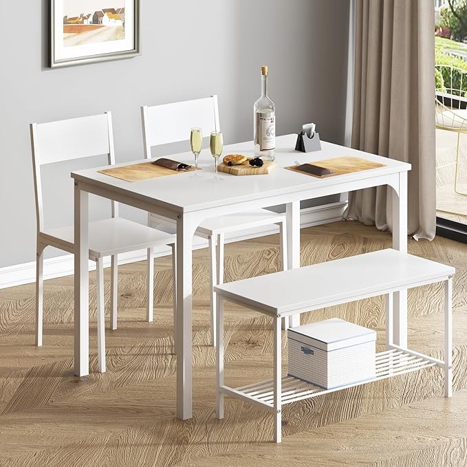 soges 4-Piece Dining Table Set with Bench - 4 Person Kitchen Table and 2 Chairs for Small Spaces, Apartment - Metal Frame & Woodgrain Tabletop, Space-Saving Design, Durable & Easy to Clean, White