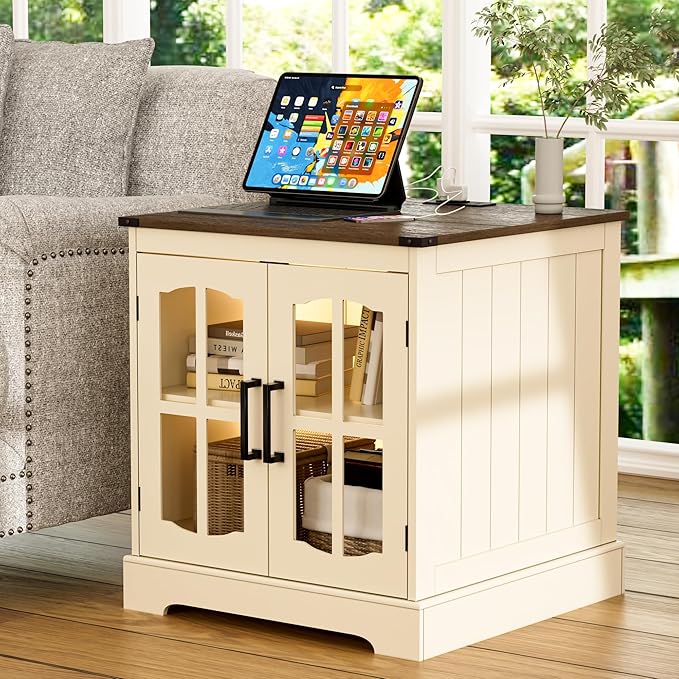 ChooChoo Farmhouse End Table Set of 2, 24" Large Sofa Side Table with Charging Station & LED Light, Nightstand with Adjustable Storage Shelf for Living Room Beige (Cream Mix with White)