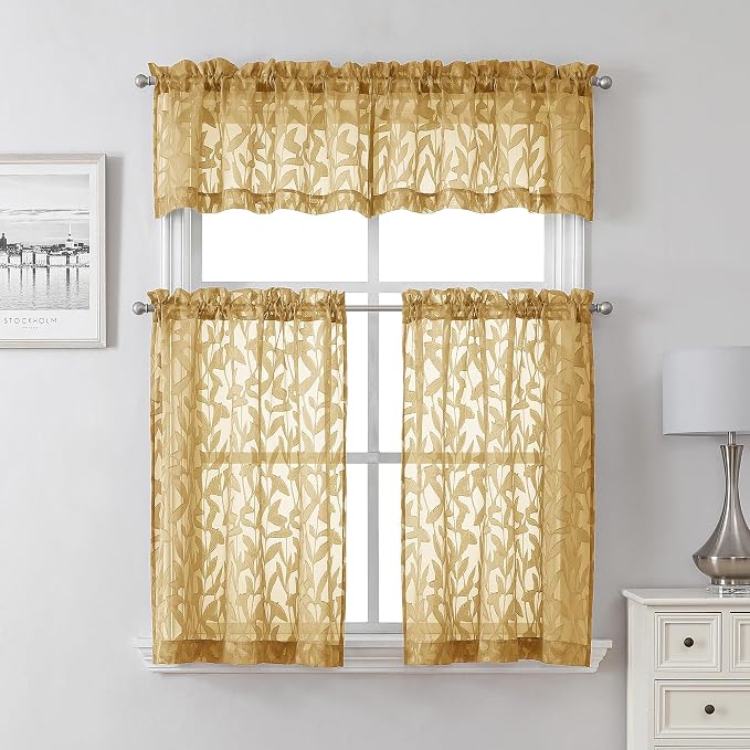 Lecloud Leia Dark Gold Sheer Kitchen Curtains 36 Inch Length, Breathable Clip - Image 7