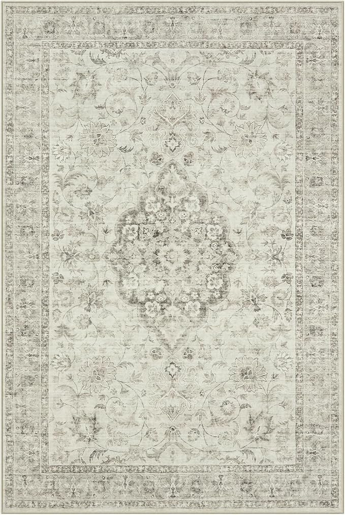 LIVEBOX Washable Area Rug 6x9 Rugs for Living Room Dining Room Under Table, Non-Slip Boho Indoor Carpet for Bedroom, Low-Pile Farmhouse Soft Carpets for Nursery Room Playroom, Taupe