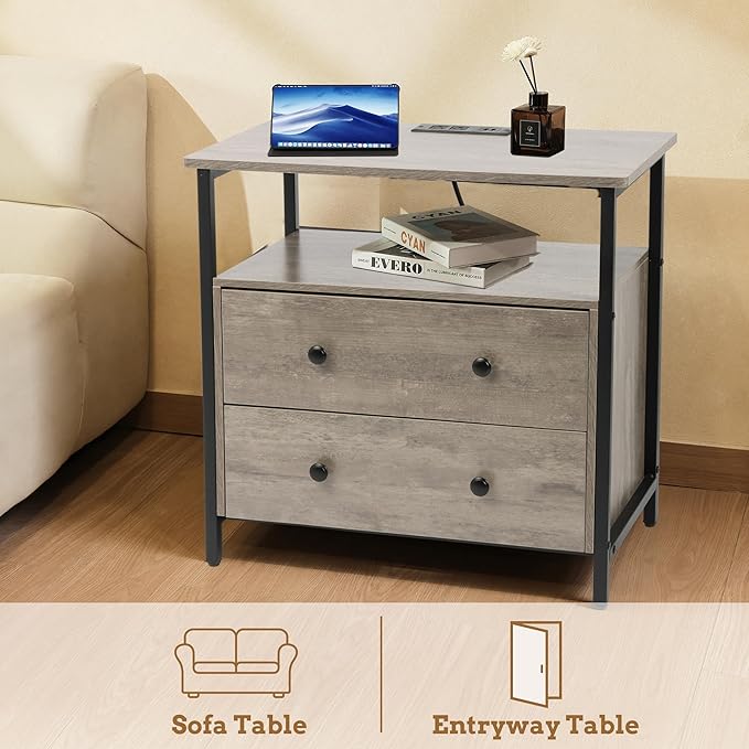 27 inch Wide Nightstand with Charging Station, Bedside Table with Open Shelf, 2 Drawers Small Wood Dresser, End Side Table for Bedroom (Rustic Gray)