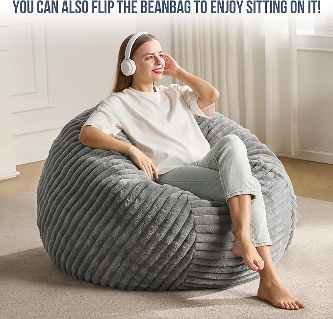 Hobestluk 3ft Bean Bag Chairs for Adults Large Beanbag Chair with Stripe Plush Cover Big Bean Bag Chair for Living Room Bedroom Dorm Office - Grey (36” x 36” x 22”)