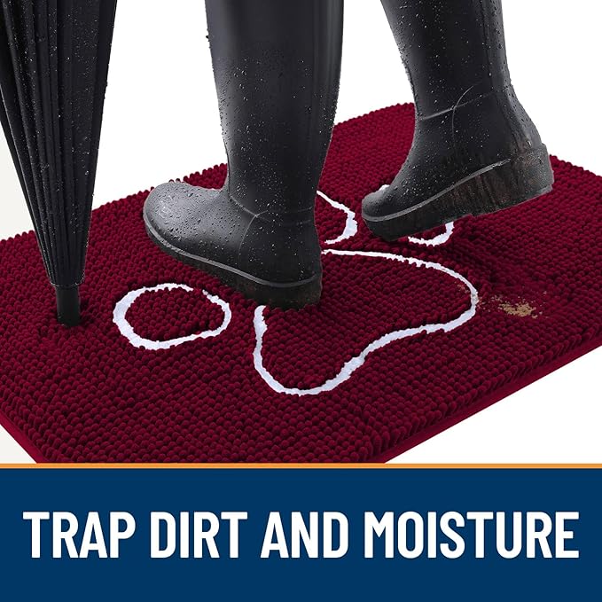 OLANLY Door Mat for Muddy Dog Paws 70x24, Ultra Absorbent Chenille Mud Doormat with Paw Print Design, Non-Slip Washable Doormat for Indoor Entryway, Quick-Dry Pet Bed Mats for Dirty Dogs, Burgundy