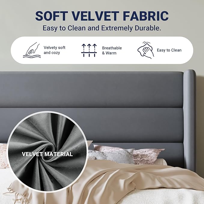 Allewie Full Size Platform Bed Frame with Velvet Upholstered Wingback Headboard, No Box Spring Needed, Under Bed Storage Space, Strong Wooden Slats, Modern Mattress Foundation, Easy Assembly, Grey