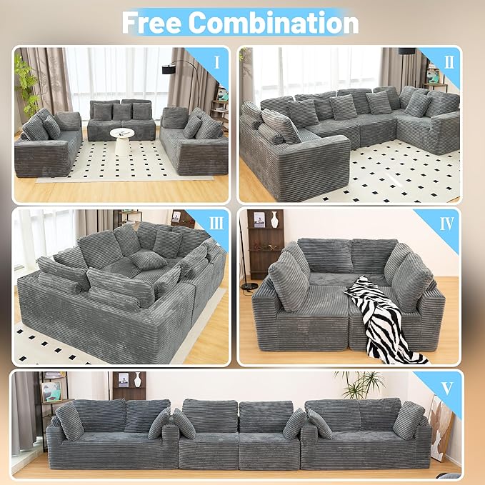 KEIKI 135" U Shape Sectional Sofa,6-Seater Modular Couch with Striped Corduroy Fabric for Living Room,Customizable Design