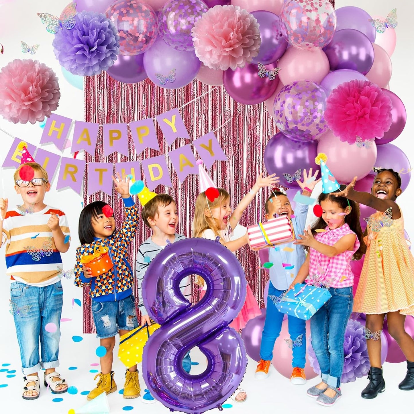 Pink Purple 8th Birthday Party Decorations for Girls Number 8 Balloon Happy Birthday Banner Butterfly Stickers Fringe Curtain Paper Pom Poms Metallic Hot Pink Star Foil Balloons 8 Year Old Princess