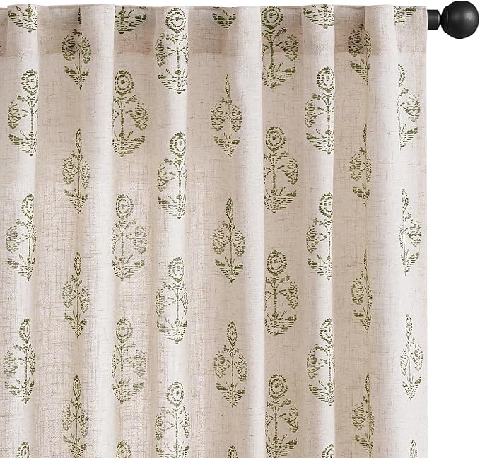 jinchan Linen Floral Curtains for Living Room 84 Inch Length Green Flower by JINCHAN