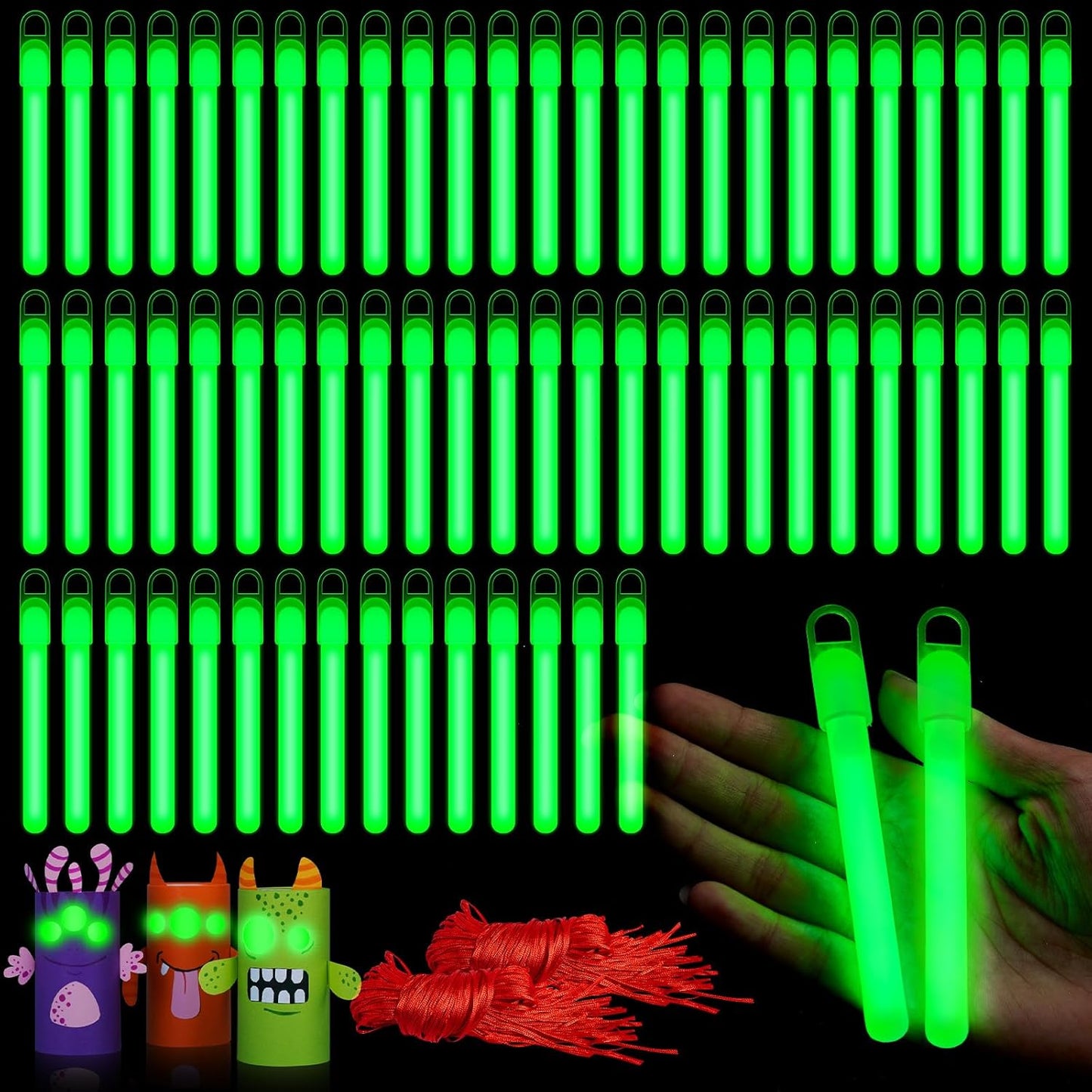 Lewtemi 50 Set 4'' Glow Sticks Bulk, Hallowee Glow in The Dark Party Supplies, Emergency Light Sticks with Lanyard, for Birthday, Light up, Neon, Halloween Theme Party Favors