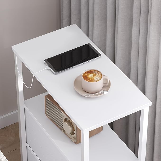 TUTOTAK Small Narrow End Table, Set of 2, Side Table, Nightstand with 2 Cloth Drawers, Couch Table, for Living Room, Bedroom, Bedside, White TB01BW054