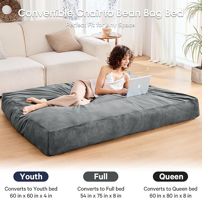 Bean Bag Chairs for Teens - Bean Bag Chair Convertible Bean Bag Bed - Small Beanbag Chair with Micro Fiber Cover/Furniture Foam Filler - Floor Couch Sofa in Bedroom Dorm Room - Youth Charcoal