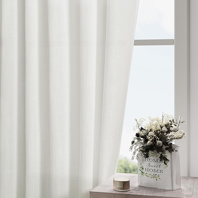 Off White Curtains 95 Inches Long 2 Panels Back Tab Sheer Linen Curtain Modern - Image 2