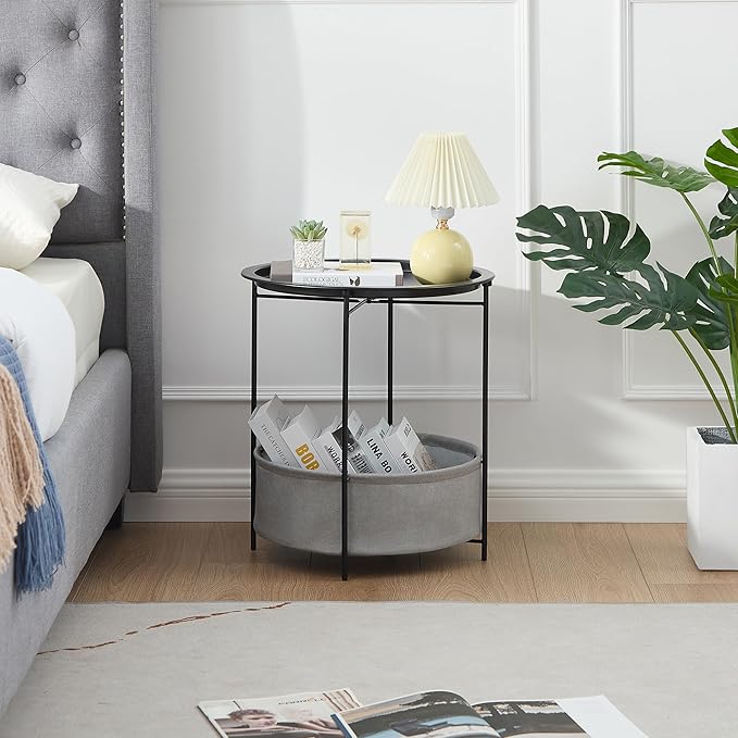 VECELO Round Side/End Table with Fabric Storage Basket，Metal Anti-Rust and Waterproof Small Bedside Nightstand with Removable Tray Top for Living Room，Balcony & Laundry，Black /2pcs with Basket
