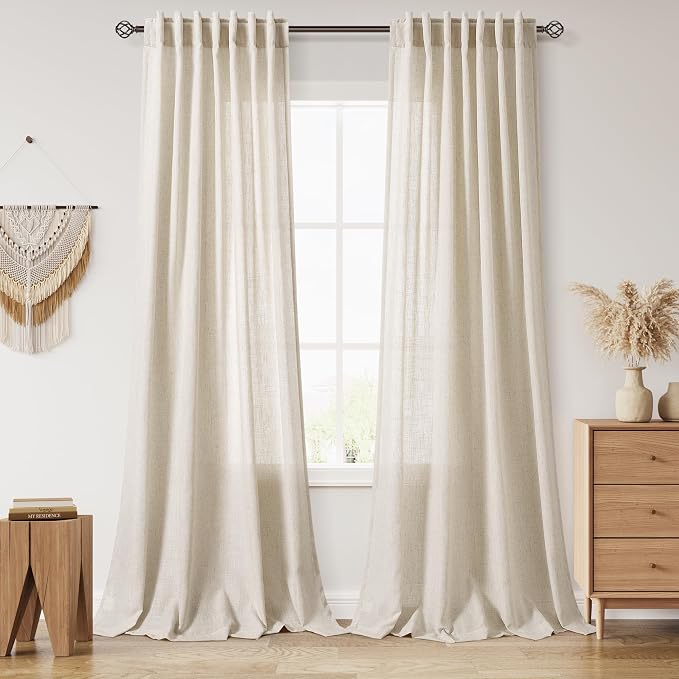 Boho Linen 112 Inch Curtains for Living Room Light Filtering Semi Sheer Curtain by Nanspring