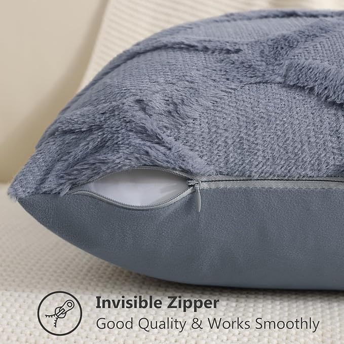 decorUhome Throw Pillow Covers 12x20 Inch Set of 2, Soft Plush Faux Fur Wool Lumbar Blue Grey Couch Pillow Covers, Decorative Neutral Pillow Cases for Bed Sofa Living Room Home Decor