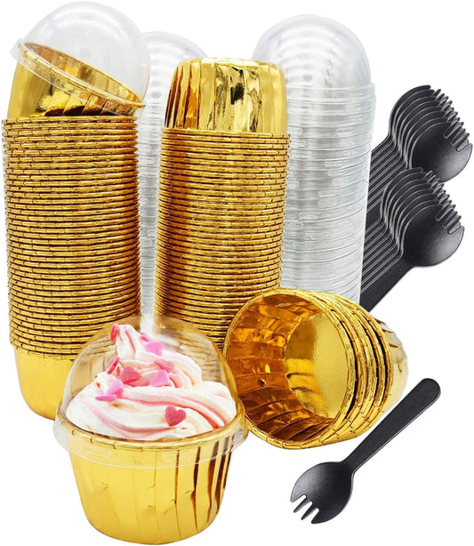 Gold Cupcake Liners with Lids 100Pack,Free-Air 3.5Oz Mini Muffin Liners Cupcake Wrappers,Foil Cupcake Baking Cups,Disposable Ramekins Muffin Tins for Wedding Birthday Party, with Spoons-Gold
