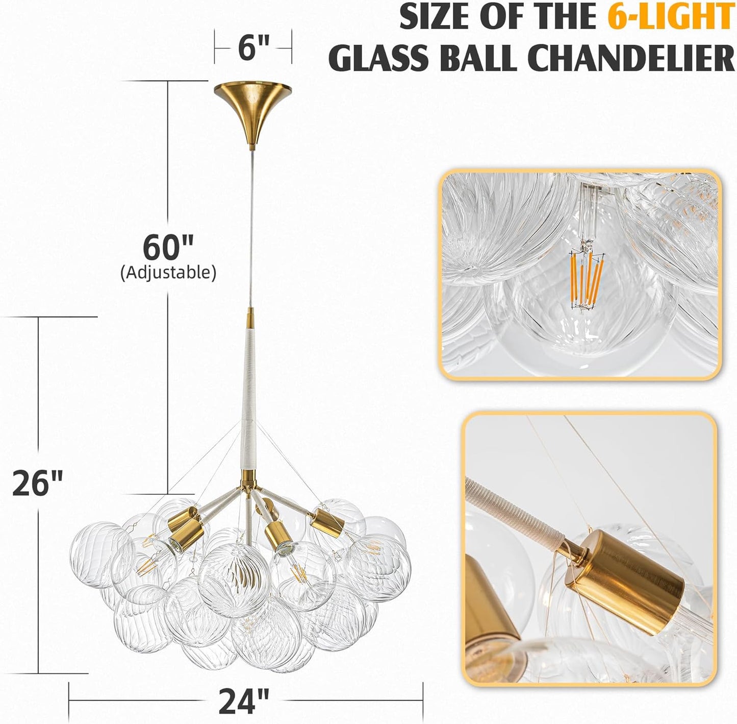 Mid-Century Bubble Globe Chandelier, White and Gold 6 Lights Dia 24" Swirled Glass Chandeliers for Bedroom, Study, Kitchen Island, Dining Room
