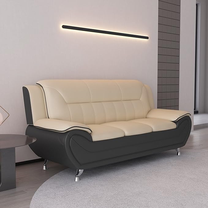 Container Furniture Direct Michael Modern Faux Leather Upholstered Stainless Steel Legs Living Room Sofa, Camel/Black