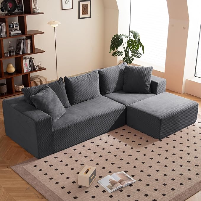 Modular Sectional Sofa, 108" L-Shaped Boneless Couch with Deep Seat, Corduroy Cloud Couch for Living Room, Bedroom, No Assembly Required, Ship in a Box, Grey