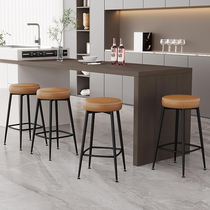 Counter Height Bar Stools, 26" H Backless Bar Stools Set of 2, Upholstered Faux Leather Kitchen Counter Stools, Mid Century Modern, Kitchen Island Home Bar, Pub, Caramel Brown